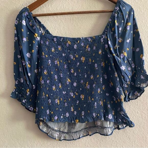 SO Junior’s Navy Floral Cropped Tie Front Puff Sleeve Blouse Top Shirred Back XL - Picture 3 of 6